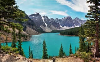 Картинка деревья, озеро, moraine, canada, banff national park, пейзаж