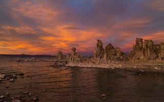 Картинка закат, калифорния, камни, озеро моно, скалы