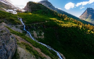Картинка деревья, речка, горы, logan pass, glacier national park, пейзаж