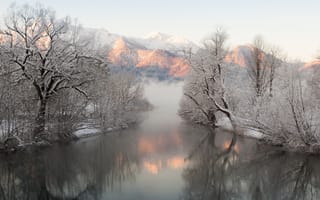 Картинка природа, горы, Зима, туман, красиво, река