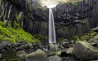 Картинка закат солнца, Скала, Исландия, Черный, падать, водопад, Svartifoss, Vatnajokull, Лава, горные породы, пейзаж