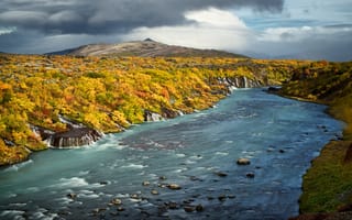 Картинка длительное воздействие, Осень, Лава, Река, падать, Hraunfossar, Облако, Кустарник, Осенний цвет, Westiceland, Исландия, водопад, пейзаж, Хвита, Падает
