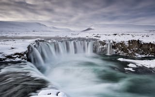 Картинка Исландия, водопад, длительное воздействие, вечер, Река, Зима, снег, Гора, Godafoss