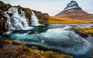 Картинка Зима, Лед, водопад, Исландия, Октябрь, Kirkjufell