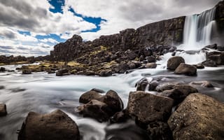 Картинка панорама, камень, Широкий, водопад, Река, Исландия, Долина, гладкий; плавный, Вышивание, Thingvellir, воздействие, угол, Парламентский, длинный