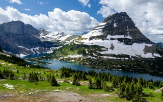 Картинка деревья, горы, пейзаж, glacier national park, hidden lake, озеро