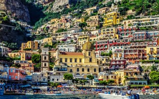 Картинка скалы, катер, амальфи, пляж, italy, италия, здания, positano, amalfi, позитано