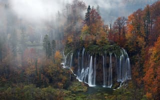 Картинка Национальный парк Плитвицкие озера, падать, природа, Хорватия, хорватский, лес, водопад, пейзаж, Туман