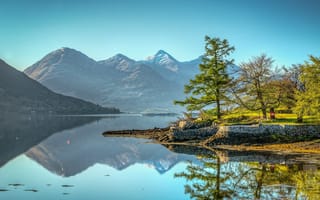 Картинка деревья, lake loch duich, шотландия, озеро, отражение, five sisters of kintail, scotland, горы, кинтайл, kintail, пять сестер кинтайла
