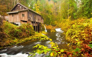 Картинка осень, grist mill в округе кларк, cedar creek, вашингтон, река