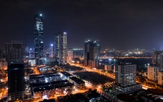 Картинка город, Ханой, Азия, небоскреб, Вьетнам, ночь, Горизонт, Спортивное снаряжение, Дорога