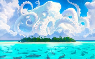 Картинка Художественное произведение, цифровое искусство, Остров, картина, акула, осьминог