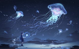 Картинка Медуза, ночь, небо, Звезды, Яркий, рыба, Цены расширенных лицензий