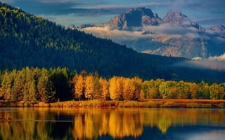 Обои горы, холм, осень, лес, отражение, озеро