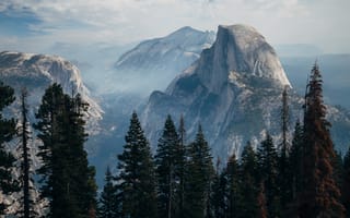 Картинка США, вершина горы, пейзаж, Туман, Горы, горные породы, Half Dome, Деревьями, Цены расширенных лицензий, Йосемитский национальный парк, природа, Долина Йосемити