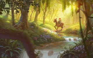 Картинка Иллюстрация, всадник, воды, Трава, Река, цветы, природа, Растения