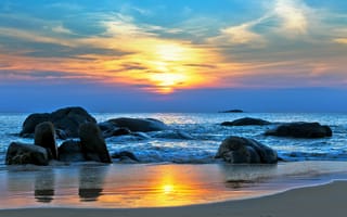 Картинка Пляжный, небо, берег, закат солнца, Камни, море, Волнами, океан, Декорации, Восход