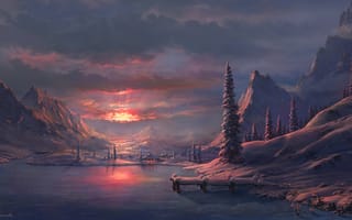 Картинка цифровое искусство, Художественное произведение, Иллюстрация, закат солнца, озеро, пейзаж, Зима, снег
