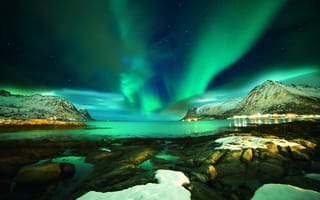 Картинка Острова, Норвегия, Северный, Лофотенские острова, небо, Спортивное снаряжение, ночь, океан, море