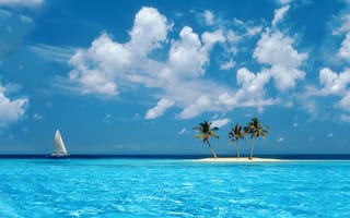 Картинка Остров, Пляжный, пальмовые деревья, Парусники, Синий, Песок, Цены расширенных лицензий, чистое небо, воды