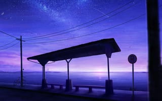 Картинка RicoDZ, Звезды, Велосипед, автобусная остановка, цифровое искусство, закат солнца, скамейка, линии электропередач, море, падающие звезды