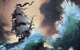 Картинка Lorenzo Lanfranconi, Художественное произведение, Волнами, цифровое искусство, Pirate ship, корабль, буря