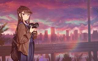 Картинка Komi san wa Comyushou desu, Камера, на открытом воздухе, Городской пейзаж, закат солнца, мост, мешок