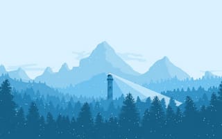 Картинка цифровое искусство, Горы, маяк, снег, лес