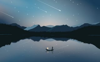 Картинка минимализм, звездная ночь, Горы, Размышления, небо, озеро