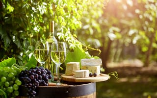 Обои зелень, бутылка, виноград, сыр, бочка, сад, пробки, вино, бокалы, боке