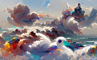 Картинка MeaningJun, Ai, Чайки, ocean view, цифровое искусство, Красочный