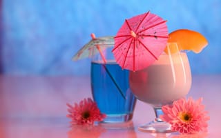Картинка цветы, георгины, стакан, коктейль, боке, бокал, напиток, зонтики