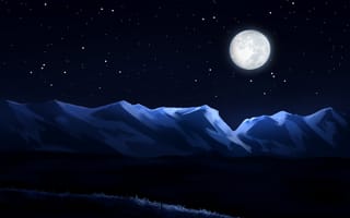 Картинка Луна, цифровое искусство, природа, пейзаж, ночь, Звезды, лунный свет, Темный, Горы, Художественное произведение