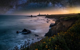Картинка Ночной пейзаж, Скала, море, закат солнца, США, природа, маяк, Калифорния, Dreamscape, длительное воздействие