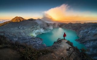Картинка Кратер, Горы, Восход, природа, вулкан, Mount Ijen, озеро, Индонезия, пейзаж