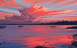 Картинка Fangpeii, закат солнца, цифровое искусство, Иллюстрация, лодка, Художественное произведение, Птицы, Цены расширенных лицензий