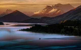 Картинка Новая Зеландия, Queenstown, лес, Горы, закат солнца, озеро, пейзаж, Деревьями, природа