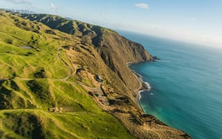 Картинка пейзаж, 4k, Новая Зеландия, море, горизонт, Берег, Веллингтон, Горы