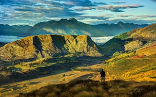 Картинка пейзаж, 4k, Queenstown, mountain top, небо, Горы, Цены расширенных лицензий, Новая Зеландия, Поле