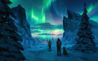 Картинка Северное сияние, снег, небо, цифровое искусство, ночь