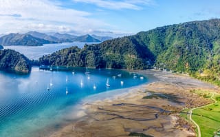 Картинка пейзаж, 4k, Picton, Новая Зеландия, Горы, лодка, воды, Залив