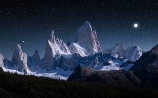 Картинка природа, снег, ночь, Звезды, Ночной пейзаж, Горы