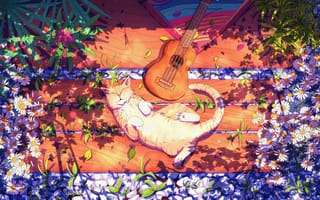 Картинка цифровое искусство, ArtStation, Коты, цветы, Гавайская гитара