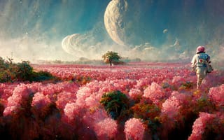 Картинка Космонавт, Планета, пейзаж, Деревьями, Луна, Цветущий, Растения, цветы