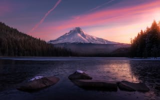 Картинка Орегон, Зима, природа, sunset glow, замерзшее озеро, пейзаж, воды, Восход, Горы