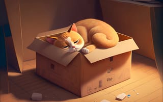 Картинка Коты, комната, цифровое искусство, Cardboard box, Ящик, Художественное произведение, ai art, спать