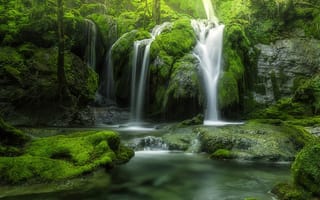 Картинка природа, камни, зелень, водопад, лес