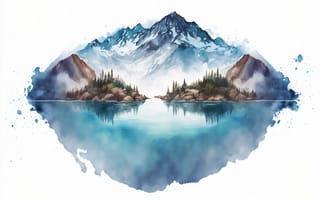 Картинка ai art, Watercolor style, пейзаж, озеро, Горы