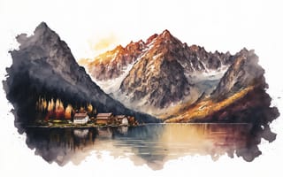 Картинка ai art, Watercolor style, Горы, озеро, пейзаж