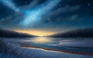 Картинка ai art, Зима, снег, картина, ночное небо, Иллюстрация, Деревьями